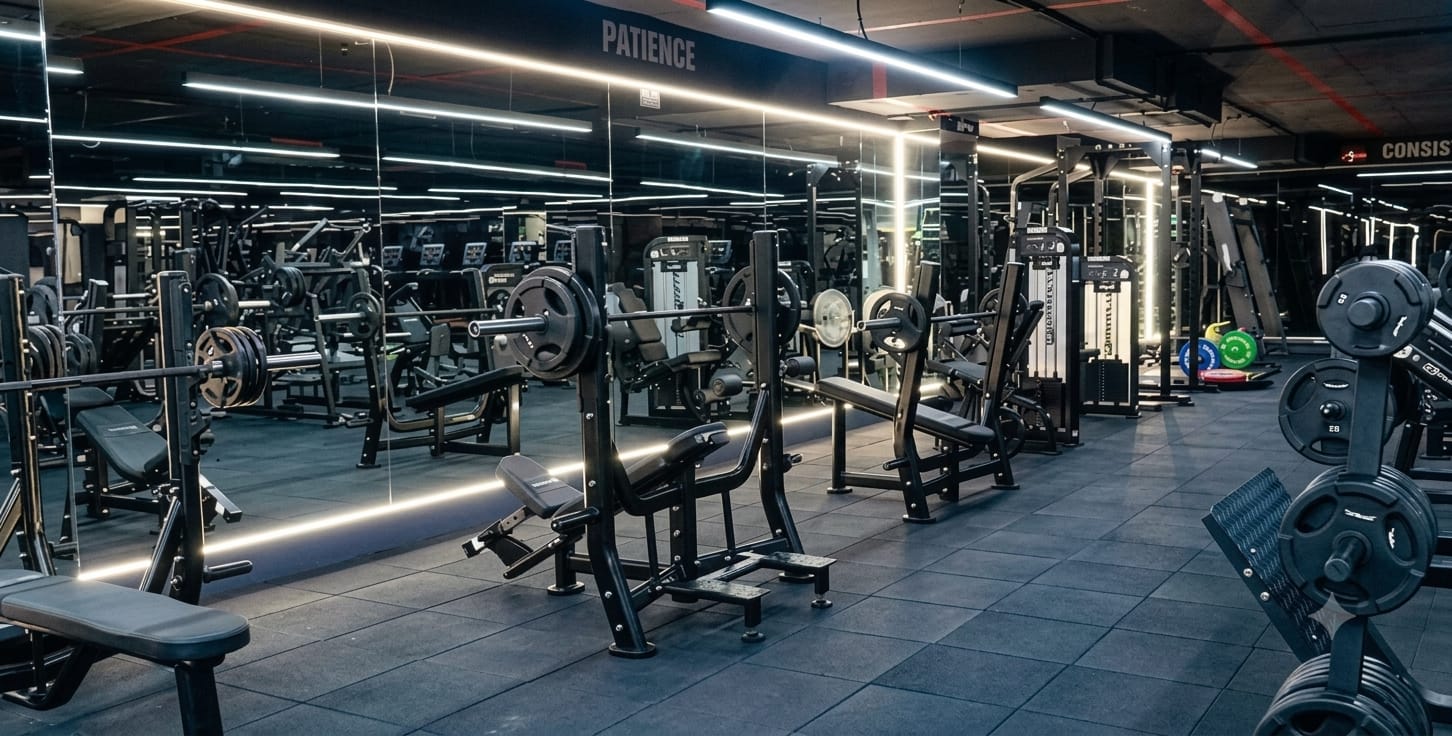 The 'Patience' free-weight hall with racks and benches